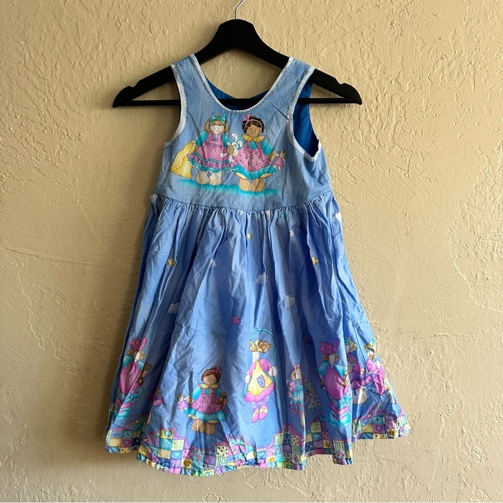 Vintage Handmade Blue Kids Dress with Playful Print - Picture 3 of 3